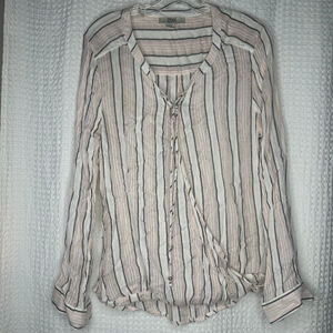 Womens Vintage America Blouse Pink White Striped L Crossover Tie Top Long Sleeve